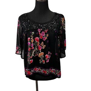 Vintage Angie Sheer Mesh Floral Top size M Black Bell Sleeves Sequin Flowy Fairy